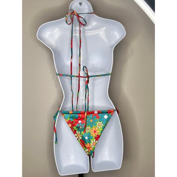 NWOT Women's Swimwear Floral Triangle Bikini Top Side Tie Bottom Multicolor XL - Picture 4 of 6